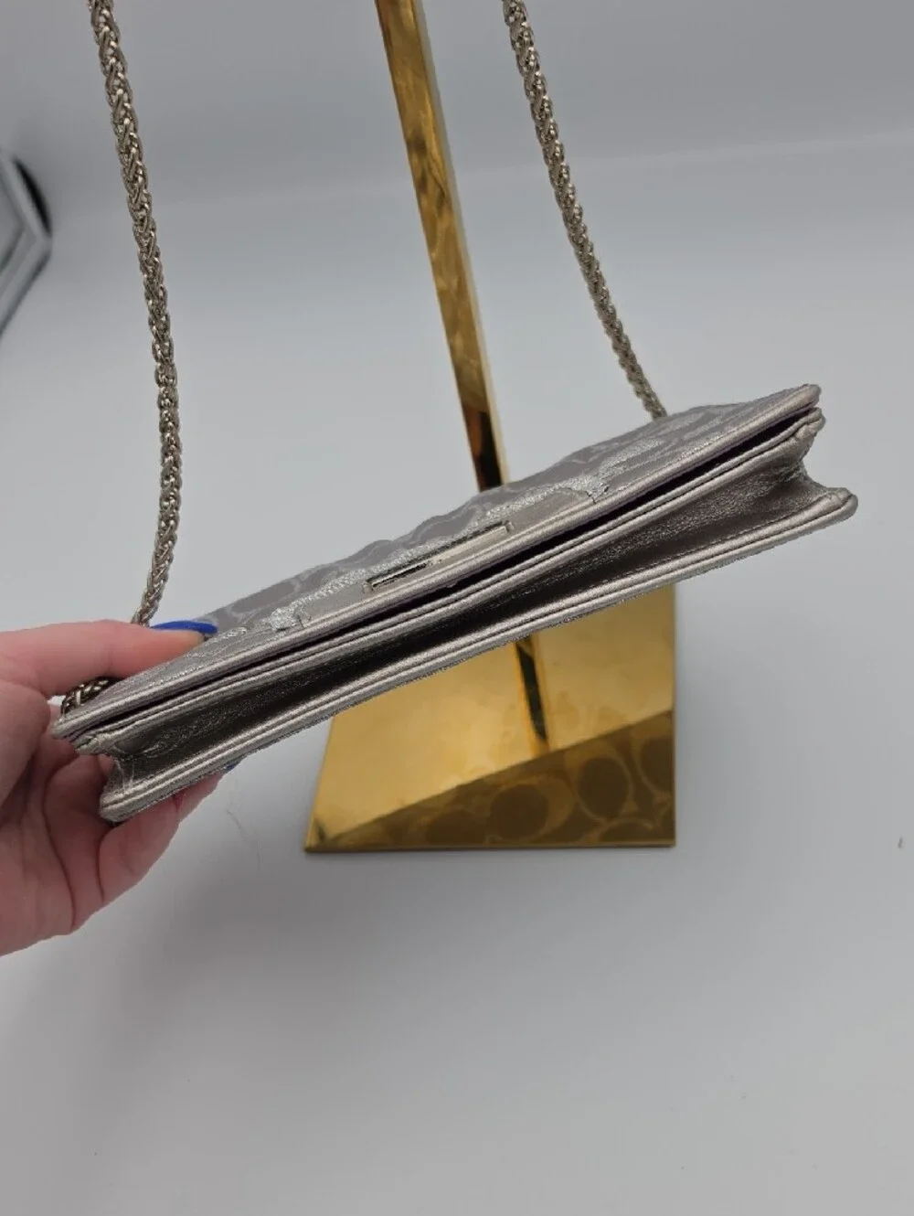 Coach Silver Metallic Shine Signature Mono Small Chain Crossbody/Wallet (EUC)🩶
